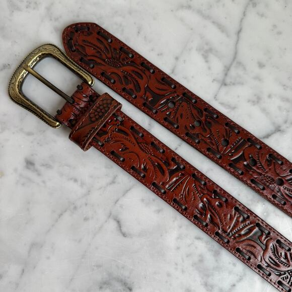 Patricia Nash Tooled Leather Western Floral Belt Brass Buckle Sz L - Picture 4 of 7
